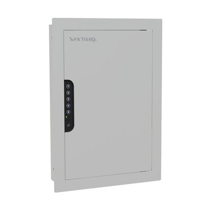 Front view of a sleek white in-wall safe with a modern design, blending seamlessly into the wall.