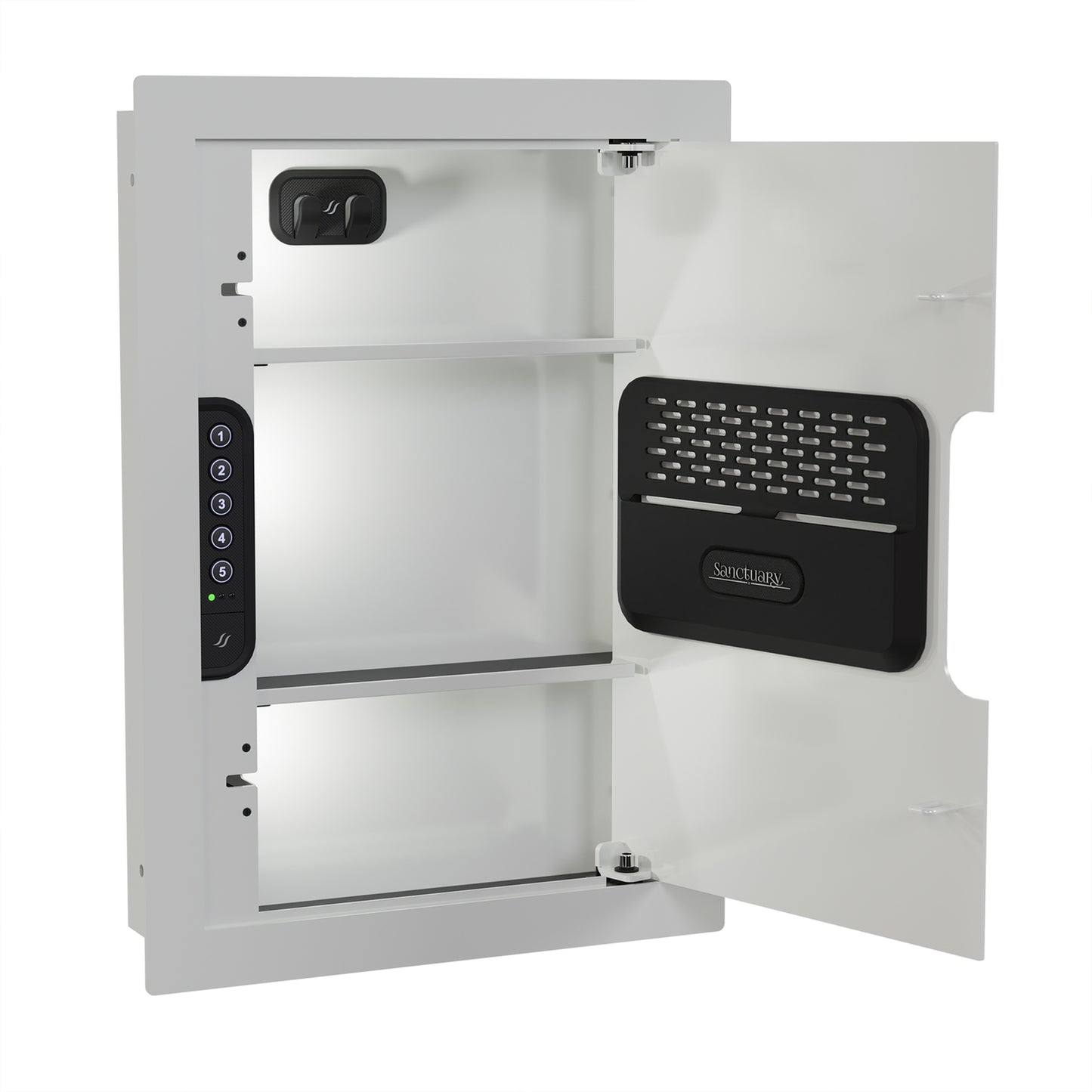 White in-wall safe used for storing important documents, cash, and jewelry securely.