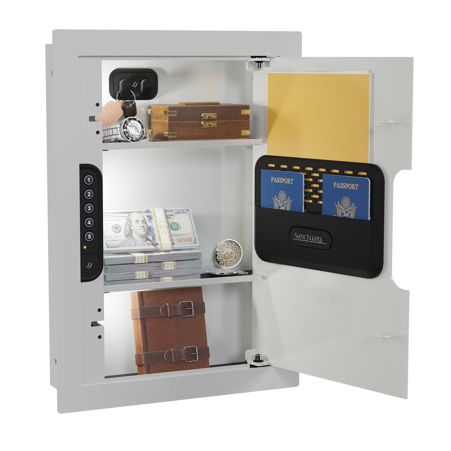 White in-wall safe with the door open, revealing a spacious and well-lit interior for secure storage of valuables.