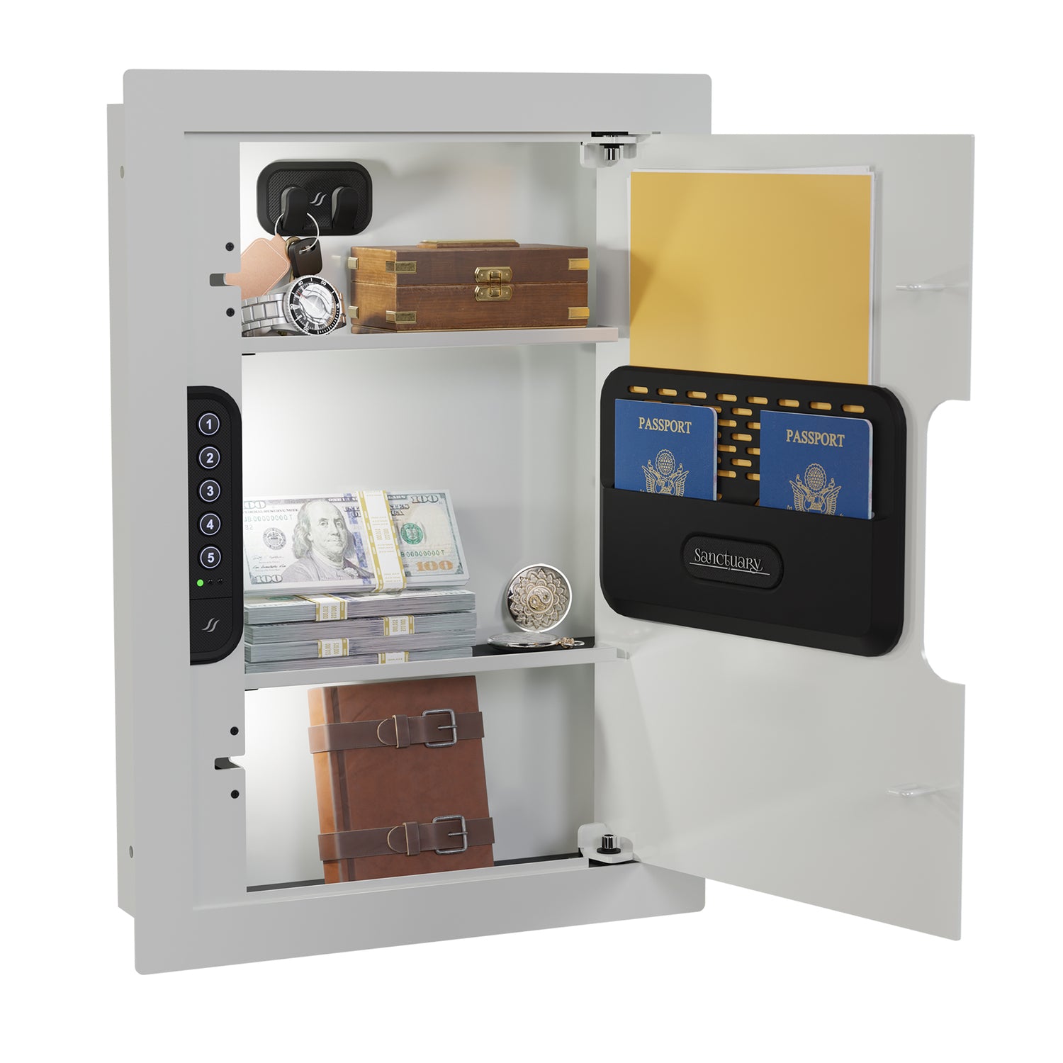 White in-wall safe with the door open, revealing a spacious and well-lit interior for secure storage of valuables.